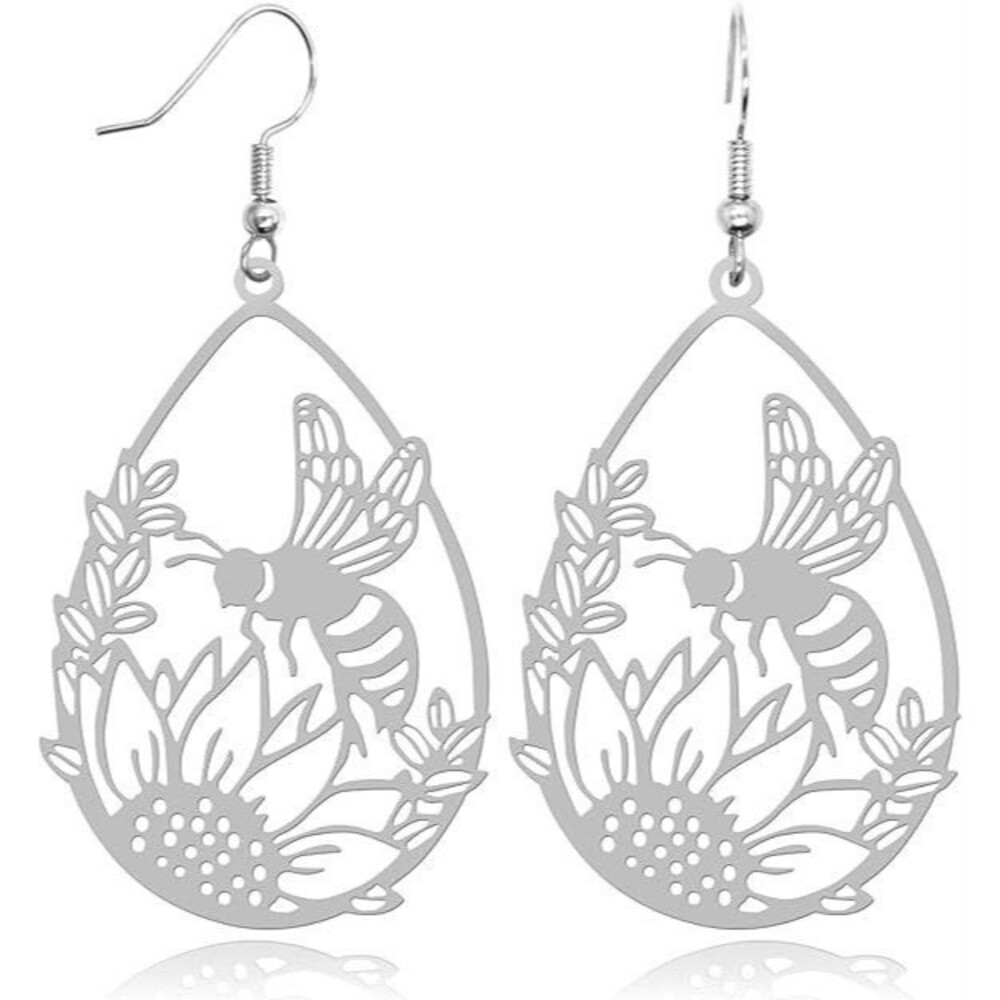 Pierced 1 3/4" silver teardrop earrings with center butterfly